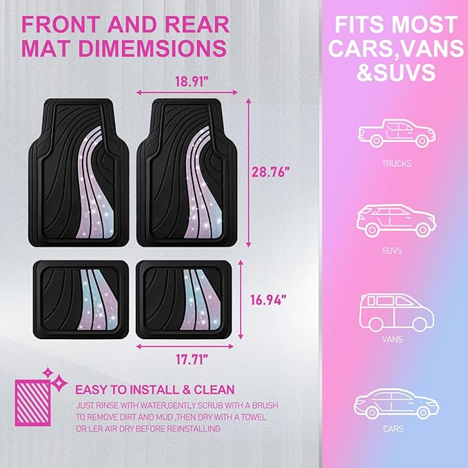 Road Comforts Car Floor Mats Full Set – Front & Rear Car Floor Mats with Aluminum Design, Anti-Slip Backing, All-Weather Protection, Trim-to-Fit Car Mats for Most Sedans, SUVs & Vans - Glitter