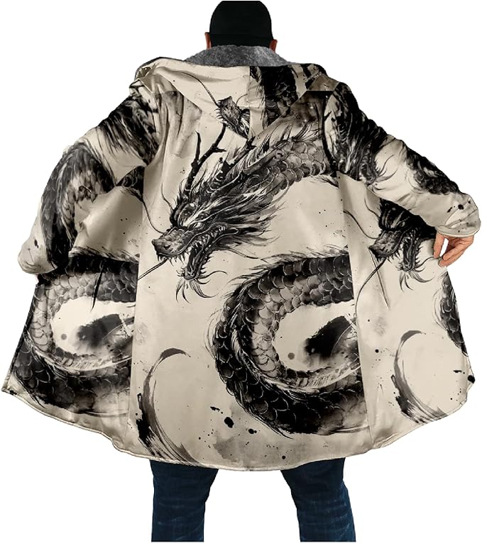 Mens Hooded Cardigan Japanese Art Zip Up Long Sleeve Sweater Hoodie Dragon Print Coat with Pockets