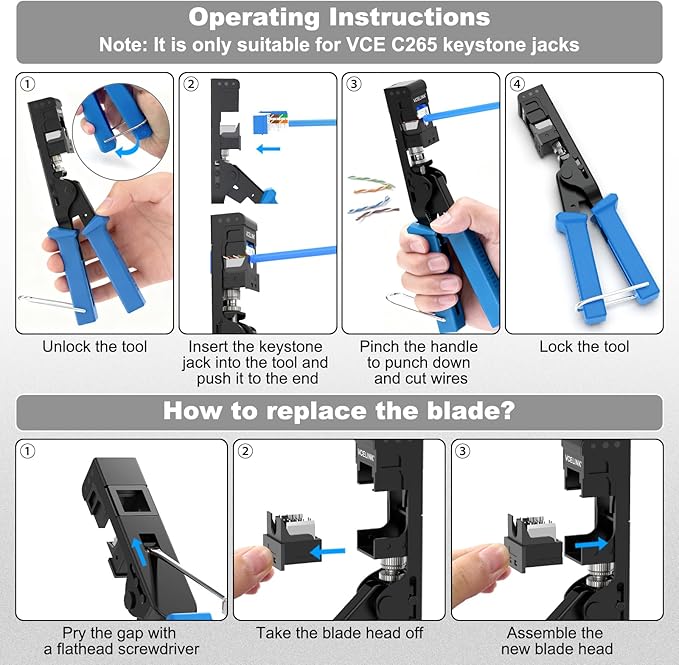 VCELINK Speed Termination Tool for VCE 90-Degree Keystone Jacks Punch Down Network Tool Kit with 20-Pack CAT6 Keystone Jacks UL-Listed Blue, 25-Pack RJ45 Connectors, 1-Pack Mini Wire Stripper