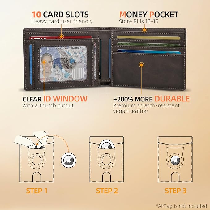 RUNBOX AirTag-Wallet-Mens-Slim-RFID Blocking Wallets Leather with Bill Compartment Air Tag Bifold Card Holder Wallet Gifts for Men Dad