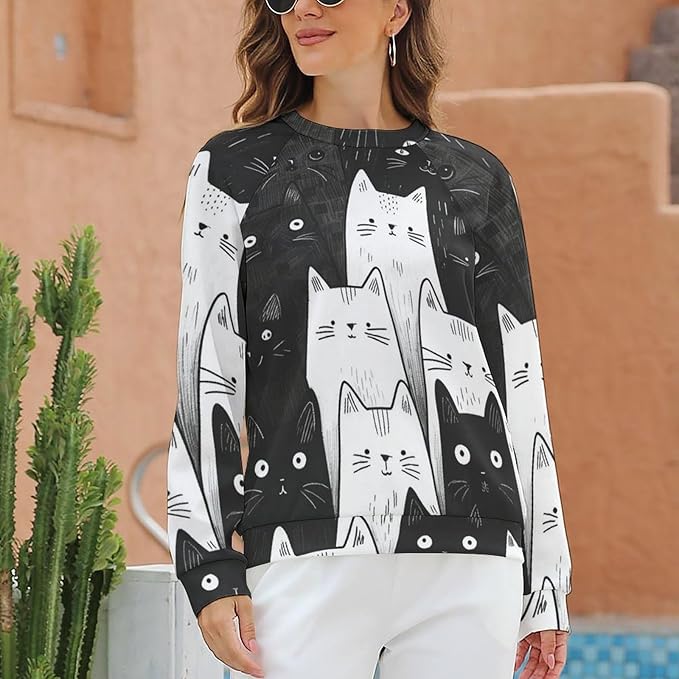 Fall Sweaters for Women 2024 Cat Print Long Sleeve Casual Crewneck Warm Fall Pullover Comfy Fashion Sweatshirts