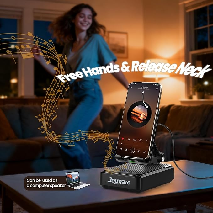 Gifts for Men and Women, Wireless Phone Charger Stand with Bluetooth Speaker and Adjustable Angle Phone Holder for Desk Tech Gift for Birthday/Anniversary (Black)