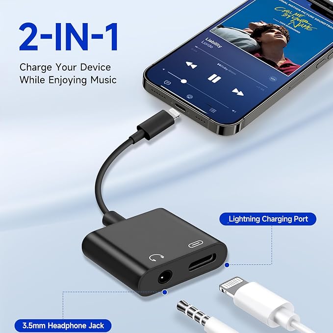 [Apple MFi Certified] 2-in-1 Charging & Audio Adapter for iPhone, Lightning to 3.5mm Headphone Jack Dongle Splitter, Supports Hi-Res Lossless Sound, Compatible with iPhone 14/13/12/11/XS/XR/8/7 1Pack