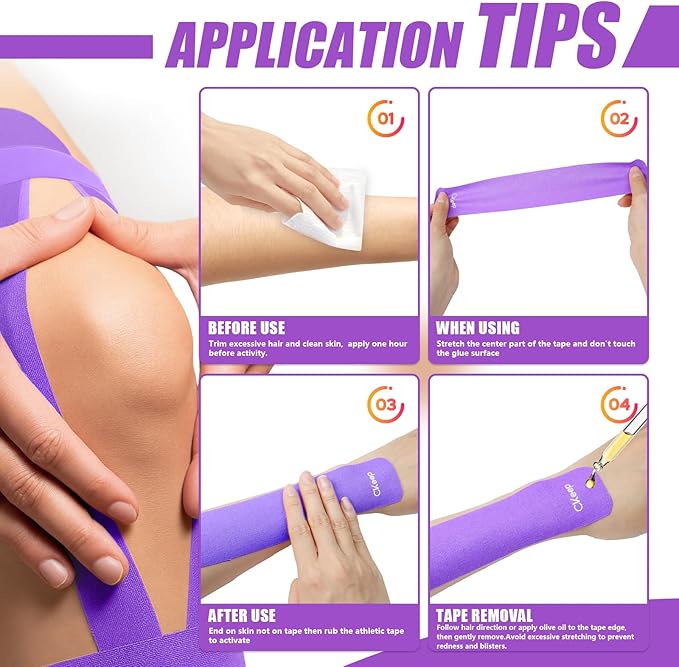 CKeep 4 Rolls Kinesiology Tape, Original Cotton Elastic Athletic Tape, 20 Precut 10" Strips Each, Purple, Ideal for Muscle Support & Injury Prevention