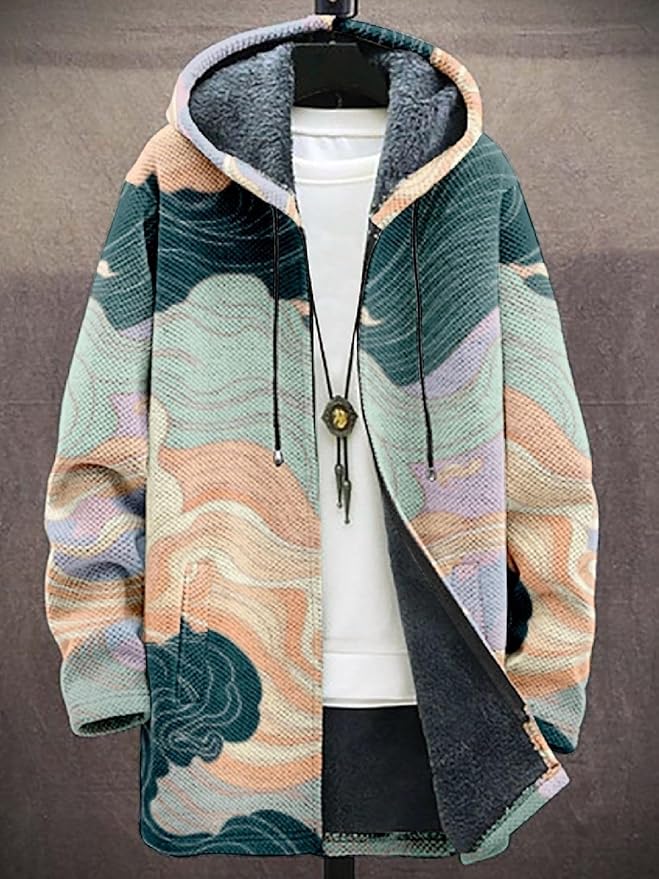 2025 Men's Ethnic Pattern Hooded Jacket Long Cardigan Hoodies Full Zip Vintage Knitted Zipper Coat with Pocket