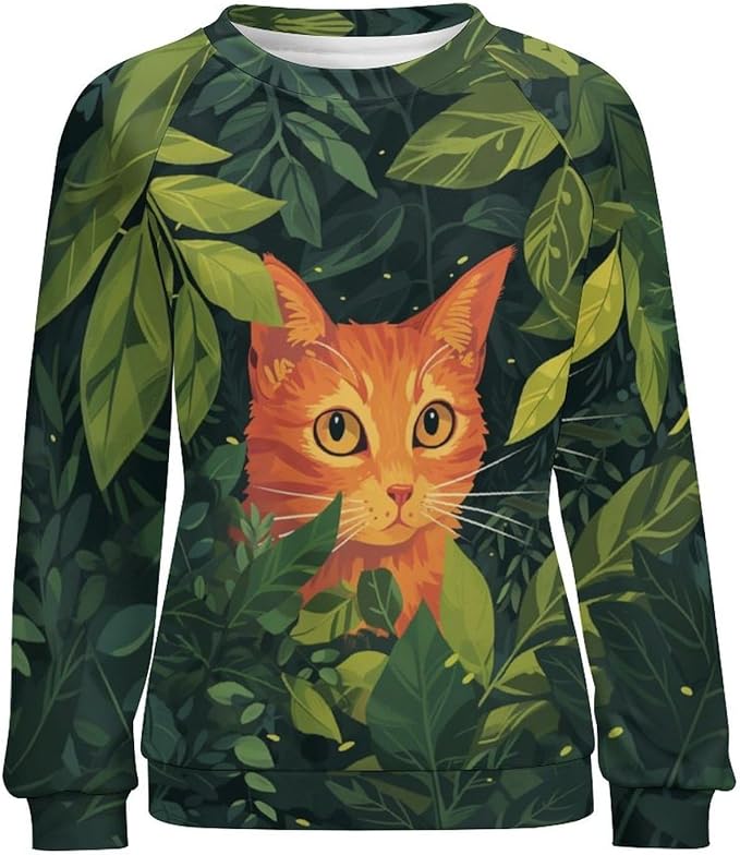 Sweatshirt for Women Cat Print Fashion Funny Plus Size Ladies Dressy Crewneck Casual Trendy Tee Shirts