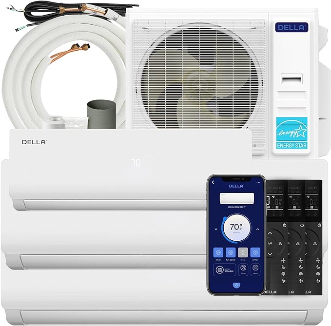 Della 45K BTU ODU Tri 3 Zone 9K 18K 18K BTU 19 SEER2 208-230V Cools Up to 2400 Sq.Ft, Works with Alexa and Wifi, Energy Efficient, Multi Zone Mini Split AC Pre-Charged Heat Pump,16ft Kits