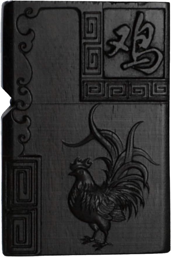 Natural Ebony Black Wood Carved Lighter Shell Box For Zippo Module (Zodiac Rooster)
