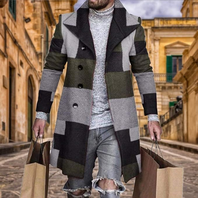 Men's Plaid Long Trench Coat Mid - Length Lapel Collar Button Down Warm Overcoat for Winter & Autumn Fashion