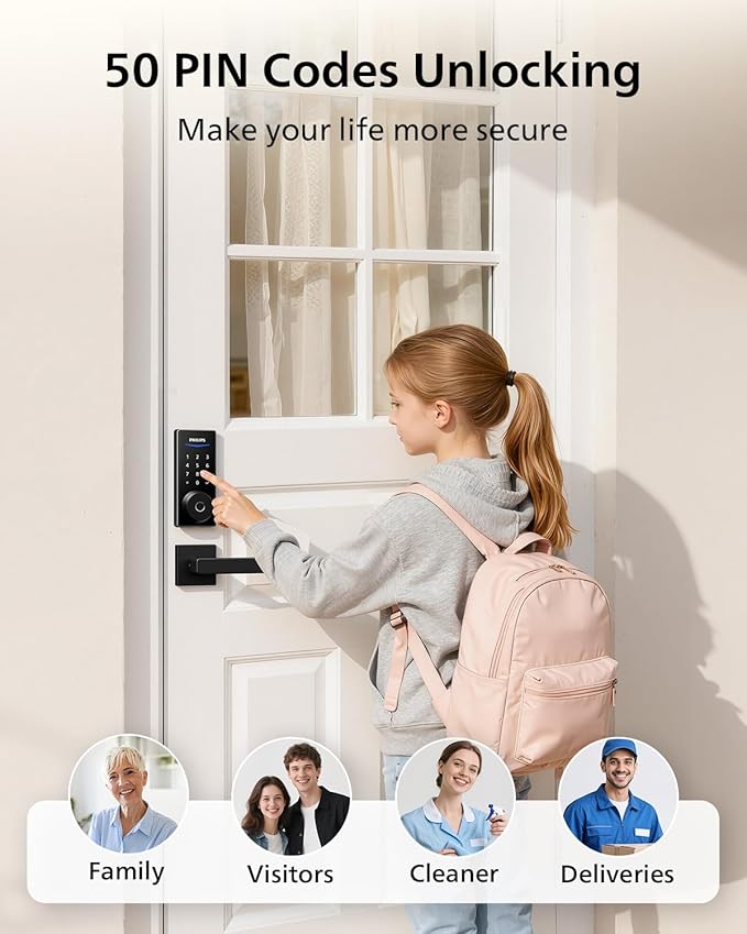 Philips Smart Door Lock with Matter, Keyless Entry Door Lock with App Control, Fingerprint Front Door Lock Set, Matter Over Thread, Touchscreen Keypad Deadbolt Lock with Apple Home, Alexa, Google