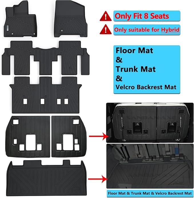 Floor Liners & Backrest Mat for 2025 2026 KIA Carnival Hybrid Version 8 Seat (Not Fit Pure Fuel),TPE All Weather Protection Car Floor Mats with Trunk Mat Covering The Backrest