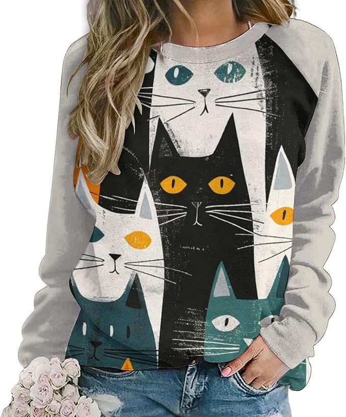 Long Sleeve Shirt Women Fall Cat Print Funny Hide Belly Vacation Plus Size Ladies Hippie Dressy Sweaters