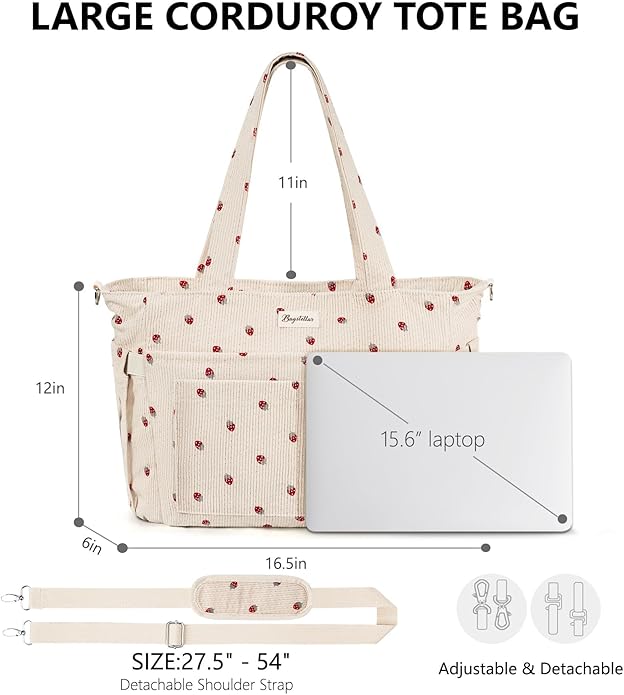 Corduroy Tote Bag for Women, 17 Pockets Laptop Work Tote Lightweight Teacher Nurse Bible Shoulder Bag for School Daily Travel