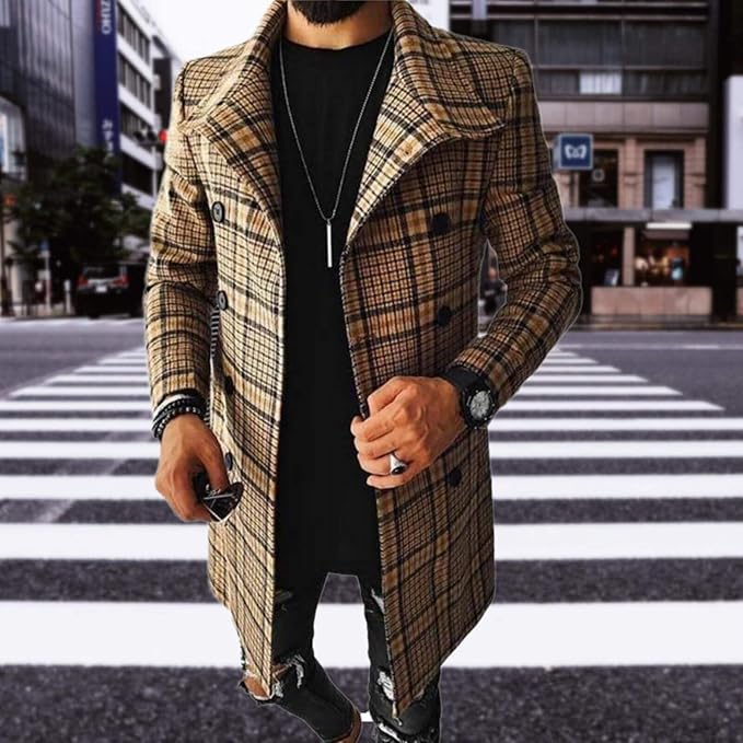 Men's Plaid Long Trench Coat Mid - Length Lapel Collar Button Down Warm Overcoat for Winter & Autumn Fashion