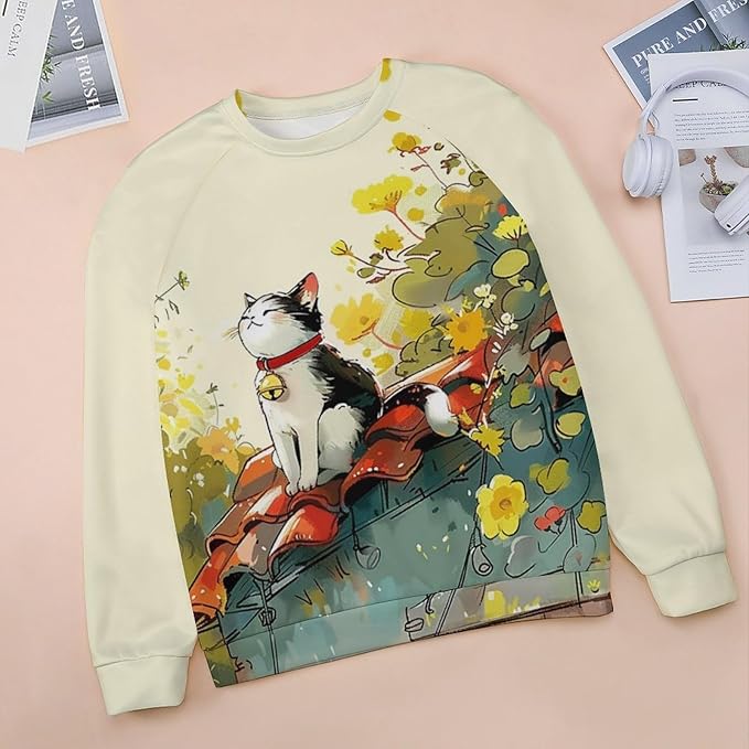 Long Sleeve Shirts for Women Cat Printed Fall Winter Dressy Holiday Casual Fashion Crewneck Tunic Tee Shirts