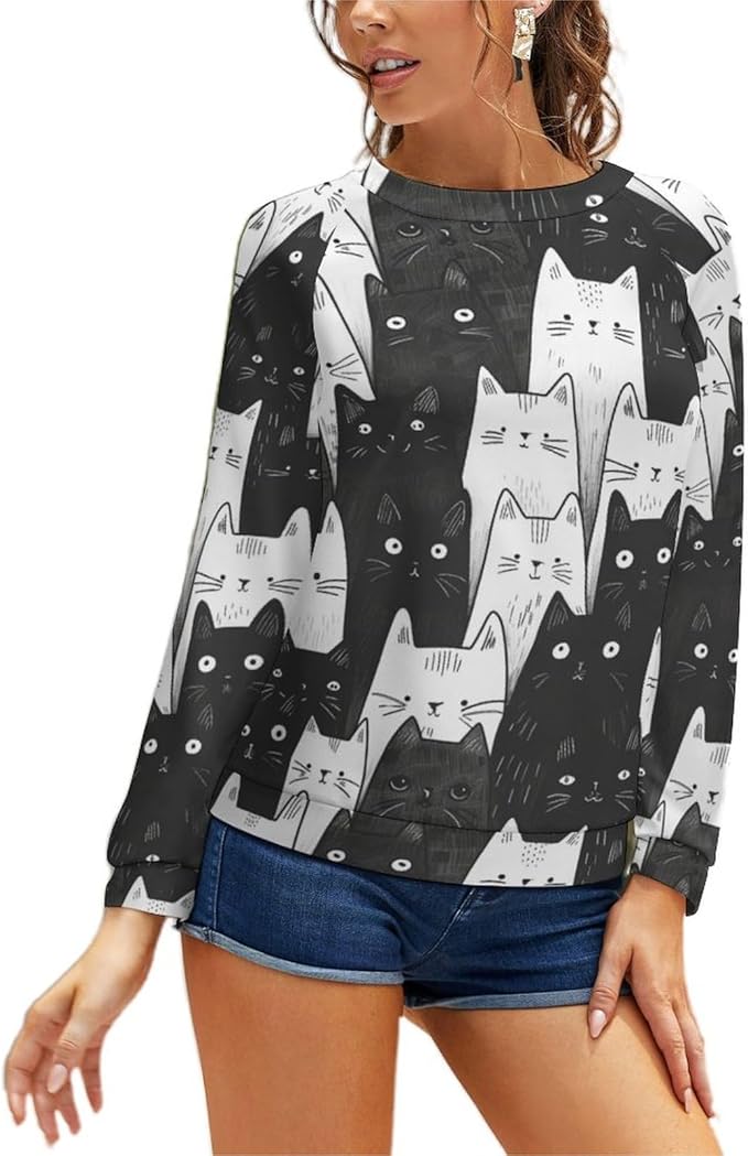 Long Sleeve Shirt Women Fall Cat Print Funny Hide Belly Vacation Plus Size Ladies Hippie Dressy Sweaters