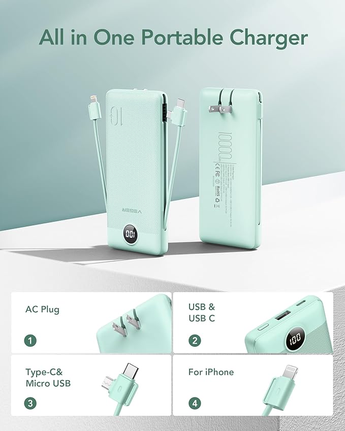 VEGER Portable Charger with Built-in AC Plug and Cables, All in One 10000mAh Ultra Slim Power Bank Travel Essentials, 15W Fast Charging Battery Pack Compatible with iPhone, Samsung, Android (Green)