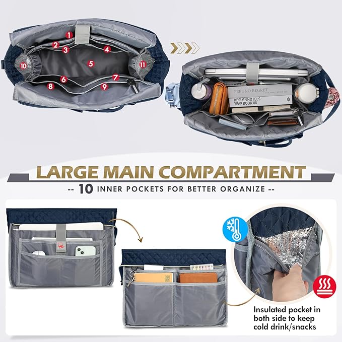 RAINSMORE Teacher Tote Bag 15.6 inch Laptop Bag for Women Work Bags Laptop Tote Nurse Bag Professional Computer Messenger with Insulated Pocket, Laptop Briefcase for Office, College, Dark Blue