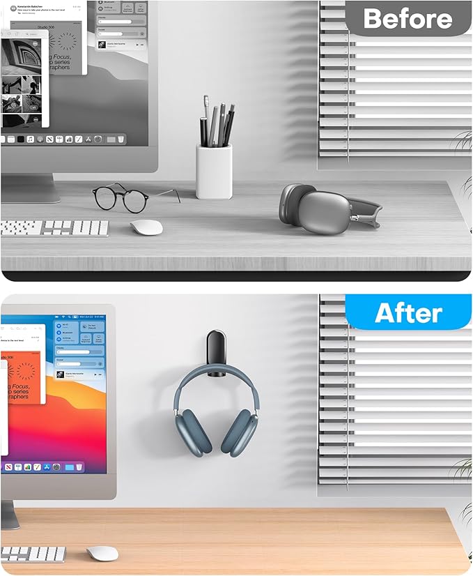 OMOTON Headphone Stand for Desk, Foldable Sticky Headset Stand Holder, Headphone Holder Hook Mount with Non-Slip Silicone, PC Gaming Accessories for Airpods Max, All Earphones- Black