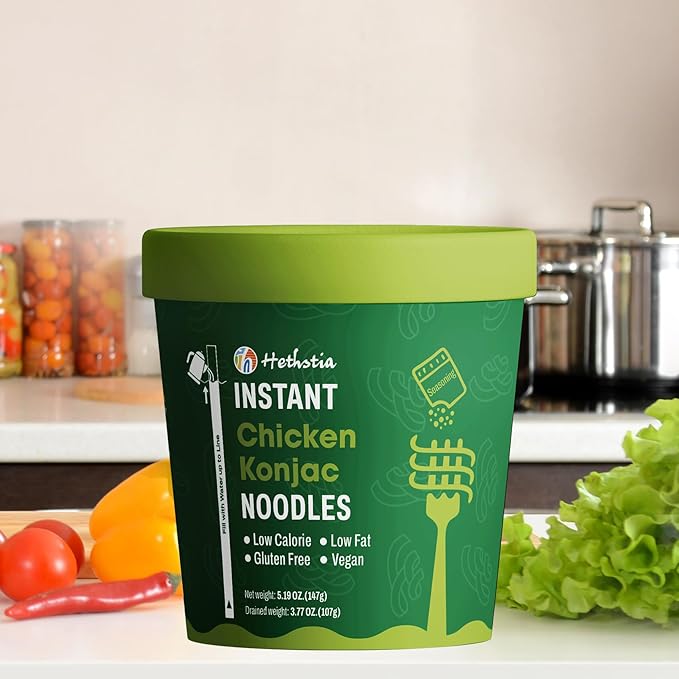 Hethstia Konjac Noodle Chicken Soup, 6-Pack Instant Shirataki Noodle Soup Cups - Low-Calorie, Sugar-Free, Low-Carb, Gluten-Free, 34.32 oz Vegan Konjac Pho Pasta Chicken Broth, Healthy Asian Noodles