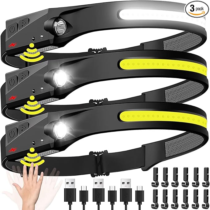 Headlamp Rechargeable 3PCS, 230° Wide Beam Head Lamp LED with Motion Sensor for Adults - Camping Accessories Gear, Waterproof Head Light Flashlight for Hiking, Running, Repairing, Fishing, Cycling