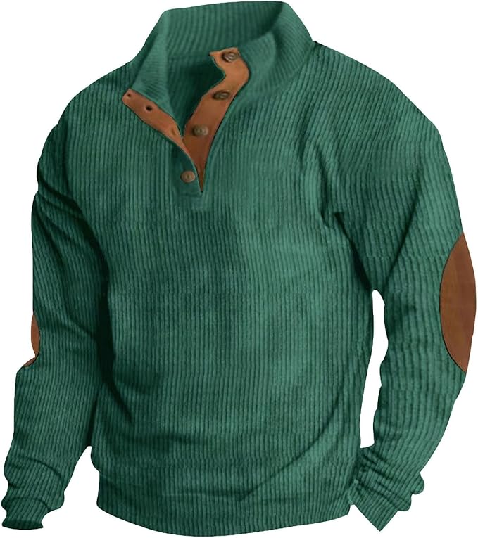 Men's Casual Corduroy Sweatshirt Long Sleeve Elbow Patches Pullover Fashion Stand Collar Quarter Button Sweatshirts