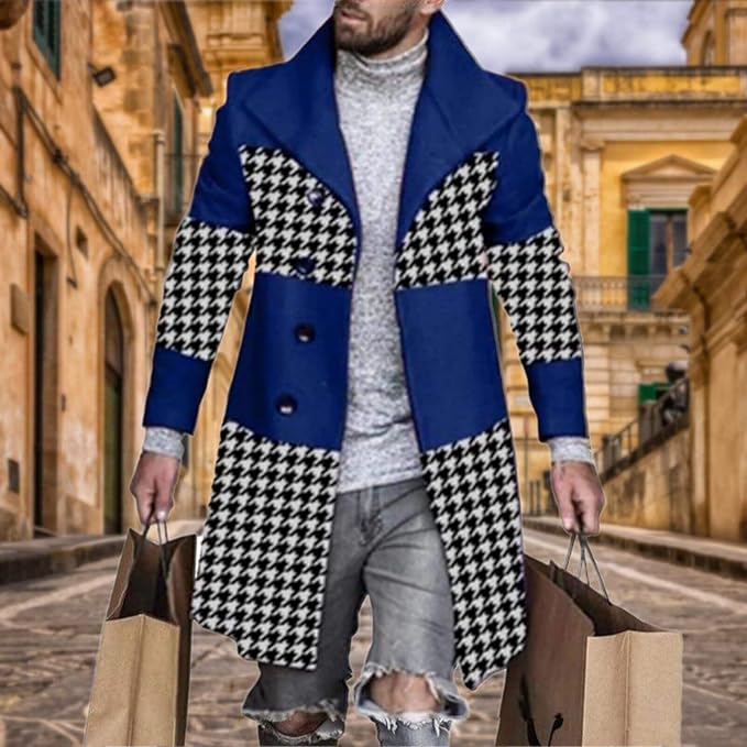 Men's Plaid Long Trench Coat Mid - Length Lapel Collar Button Down Warm Overcoat for Winter & Autumn Fashion