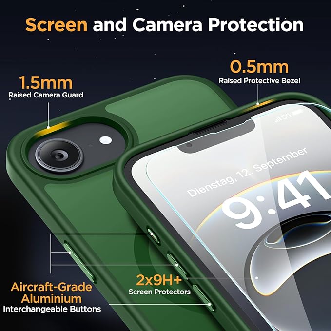 Miracase for iPhone 16e Case for MagSafe [with 2×9H+ Screen Protectors] TOP Military-Grade Protection Shockproof Scratch-Resistant with Velvet Touch for iPhone 16e Phone Case 6.1" Matte Dark Green