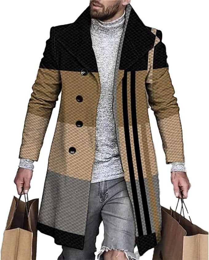 Men's Plaid Long Trench Coat Mid - Length Lapel Collar Button Down Warm Overcoat for Winter & Autumn Fashion