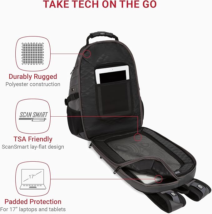 SwissGear 1900 ScanSmart 17” Laptop Backpack Stingray Ballistic – Reflective Tech Backpack with ScanSmart Compartment – Multiple Organizer Pockets & RFID Scan Blocking Technology