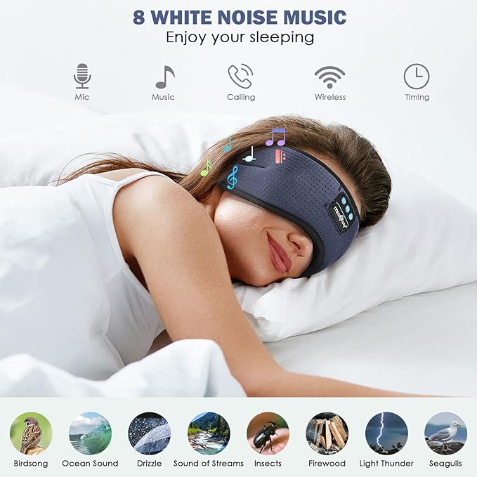 MUSICOZY White Noise Bluetooth Sleep Mask with 8 Soothing Sounds & 3D Wireless Sleep Headphones, Bluetooth Sleeping Headphones for Yoga Travel Office Relaxation, Tech Gadgets Gifts, Gray