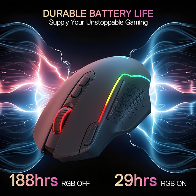Redragon M810 MAX 3-Mode Wireless Gaming Mouse, 12000 DPI Wired/Wireless RGB Mouse w/Rapid Fire Key, 8 Macro Buttons, 188-Hour Reliable Power Capacity for PC/Mac/Laptop