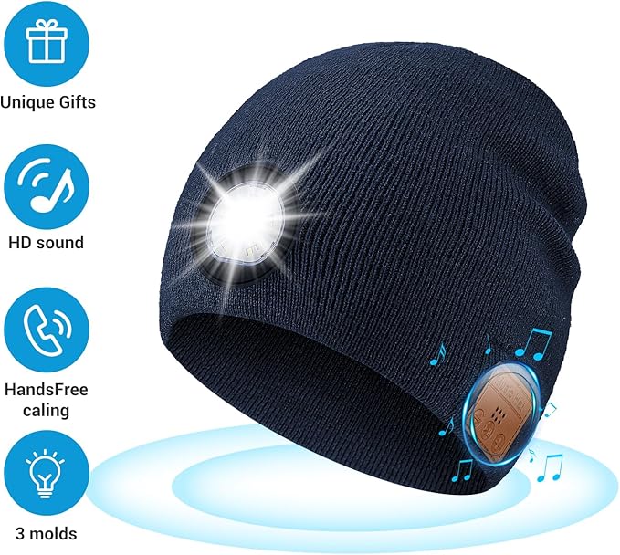 Bluetooth Beanie with Light, HD Stereo Sound, USB Rechargeable Headlamp for Hiking Fishing, Gift for Men Women Teen