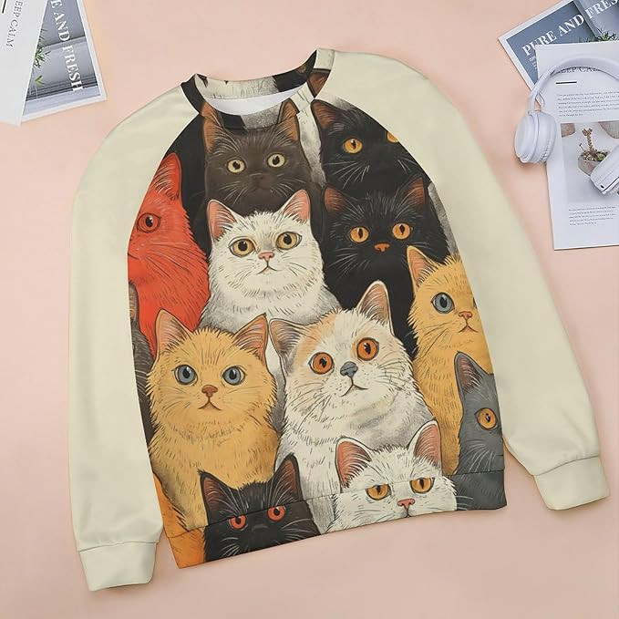 Long Sleeve Shirt Women Fall Cat Print Funny Hide Belly Vacation Plus Size Ladies Hippie Dressy Sweaters