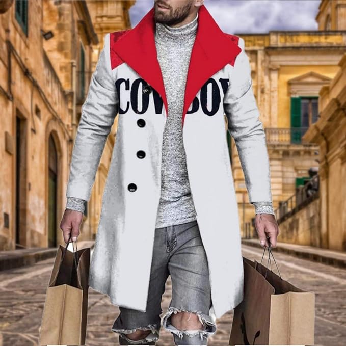 Men's Plaid Long Trench Coat Mid - Length Lapel Collar Button Down Warm Overcoat for Winter & Autumn Fashion