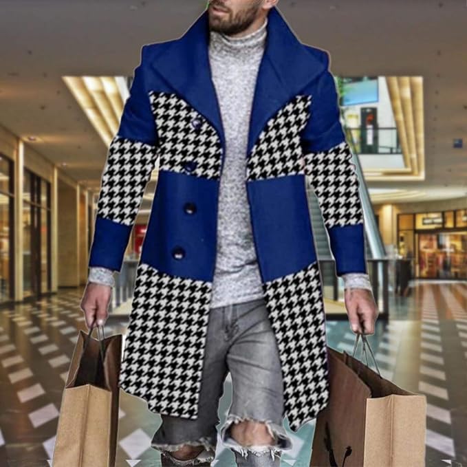 Men's Plaid Long Trench Coat Mid - Length Lapel Collar Button Down Warm Overcoat for Winter & Autumn Fashion