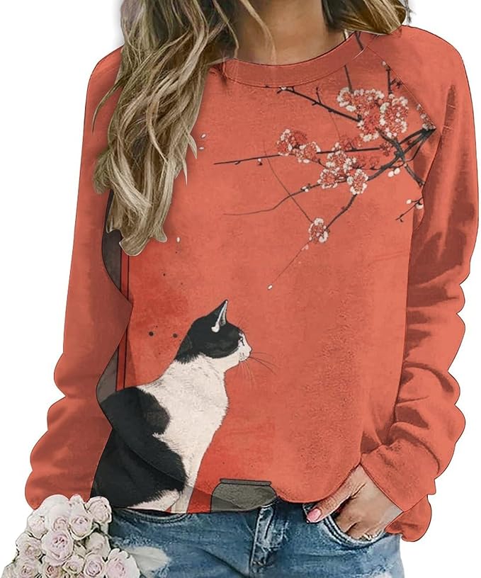 Long Sleeve Shirts for Women Cat Printed Fall Winter Dressy Holiday Casual Fashion Crewneck Tunic Tee Shirts