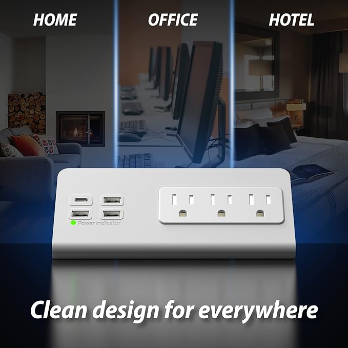 Nightstand Edge Mount Power Strip with USB-C Ports Tabletop Surge Protector Desk Clamp Power Sockets with 3 AC Outlets &4 Fast Charging USB Ports for Home Office Hotel and Dormitory