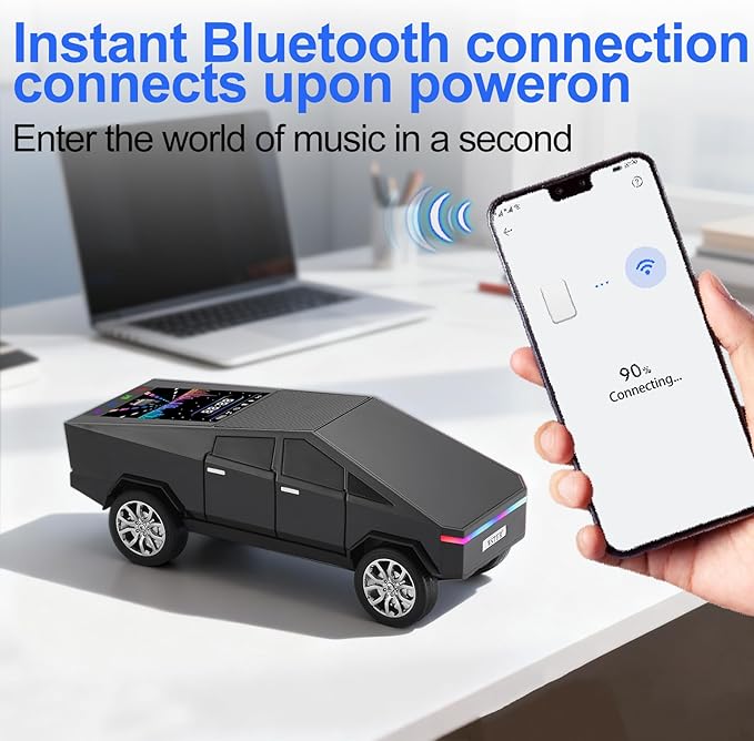 Futuristic Pickup Truck Bluetooth Speaker with LED Display Screen – TWS Stereo, FM Radio, USB/TF Playback, LED Headlights, Built-in Mic, Gift for Truck Fans, Auto Style Lovers&Tech Collectors (Black)