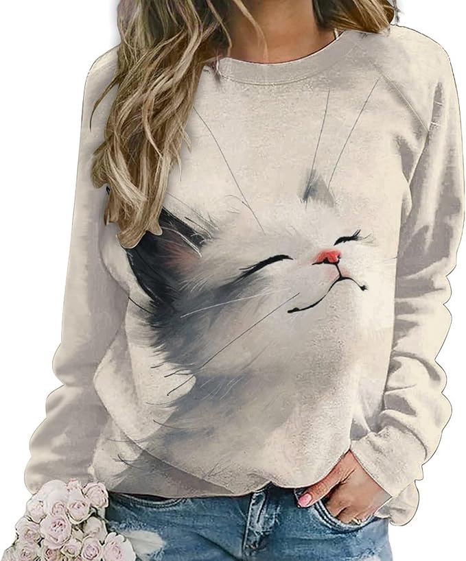 Long Sleeve Shirt Women Fall Cat Print Funny Hide Belly Vacation Plus Size Ladies Hippie Dressy Sweaters