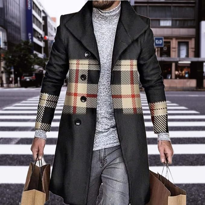 Men's Plaid Long Trench Coat Mid - Length Lapel Collar Button Down Warm Overcoat for Winter & Autumn Fashion