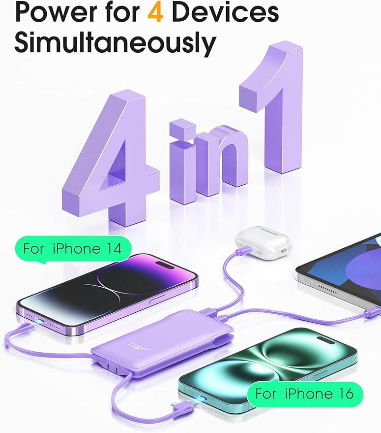 TG90° Portable Charger,10000mAh Power Bank Built-in Cables and AC Wall Plug,USB C Portable Bank,Travel Essentials Phone Charger Compact External Battery Pack Compatible with iPhones,iPad, Samsung