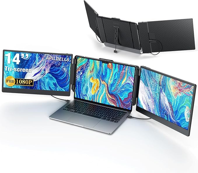 14’’ Triple Laptop Screen Extender, 1080P FHD Portable Dual Monitor for Laptop USB C HDMI, Plug-Play Monitor Extender for Triple Display for Mac/Windows, Fit 13”-17.3” Laptops
