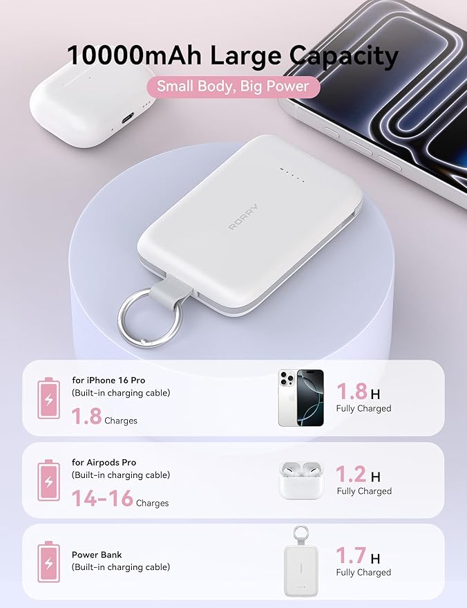 RORRY Portable Charger, 10000mAh PD 30W Fast Charging Portable Charger Power Bank with Built-in Cables, Travel Keychain Charger Battery Pack for iPhone 17/16/15/14/13/12, for AirPods 2/3/4/Pro, Pink