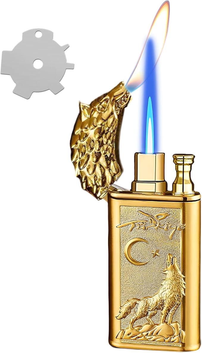 Torch Lighter, Relief Wolf Design Magic Dual Flame Lighter with Adjusting FlameTool, Cool Windproof Jet Lighters, Refillable Butane Lighters for Men Outdoor Indoor(Without Butane)-Gold Wolf