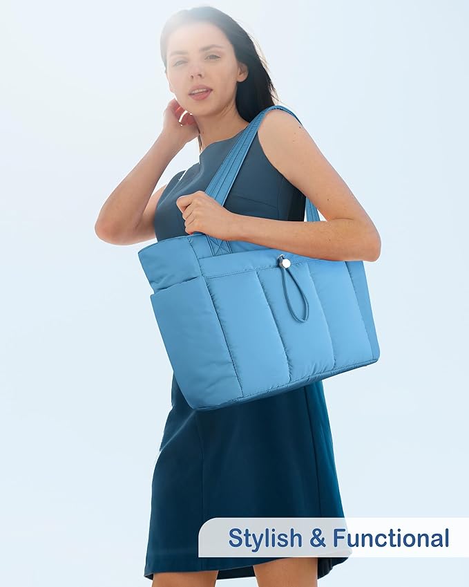 TOPDesign Puffy Tote Bag for Women with Cup Holder & Laptop Compartment & Cosmetic Bag & Trolley Sleeve for Work, Travel