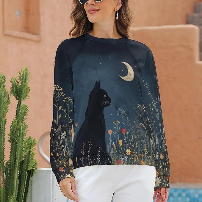 Sweatshirt for Women Cat Print Fashion Funny Plus Size Ladies Dressy Crewneck Casual Trendy Tee Shirts