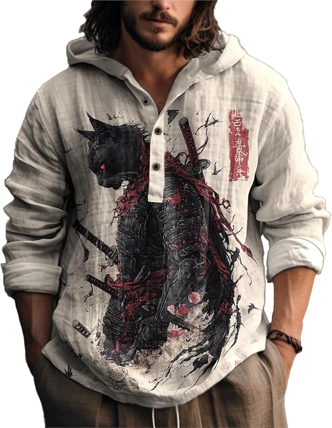 MARSVOVO Mens Japanese Art Long Sleeve Hooded Shirts Lightweight Quarter Button Hoodie Casual Cool Tops for Spring Fall