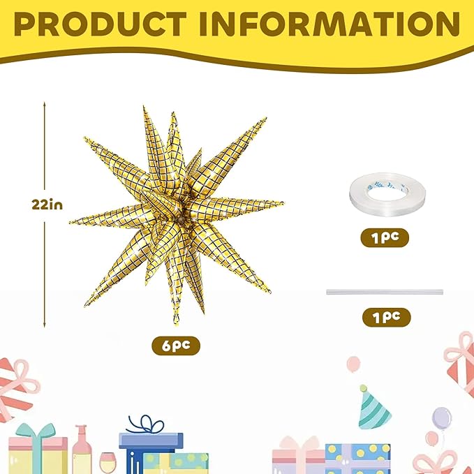 6PCS Star Balloons Disco, 22 Inch Large Gold Star Balloon Foil Balloons Christmas Party Balloon for Birthday Christmas Disco Bachelorette Wedding Anniversary Party Backdrops Decorations