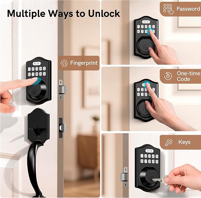 Fingerprint Door Lock Set, Keyless Entry Door Lock, Front Handle Set, Electronic Keypad Deadbolt with 2 Keys, Auto-Locking, One-time Codes, Easy to Install (Black, Fingerprint)